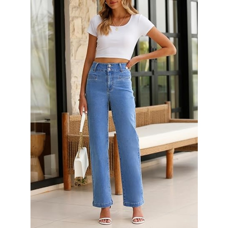 Women's High Waisted Stretchy Straight Leg Jeans, Trendy Loose Wide Leg Denim Pants with Pockets