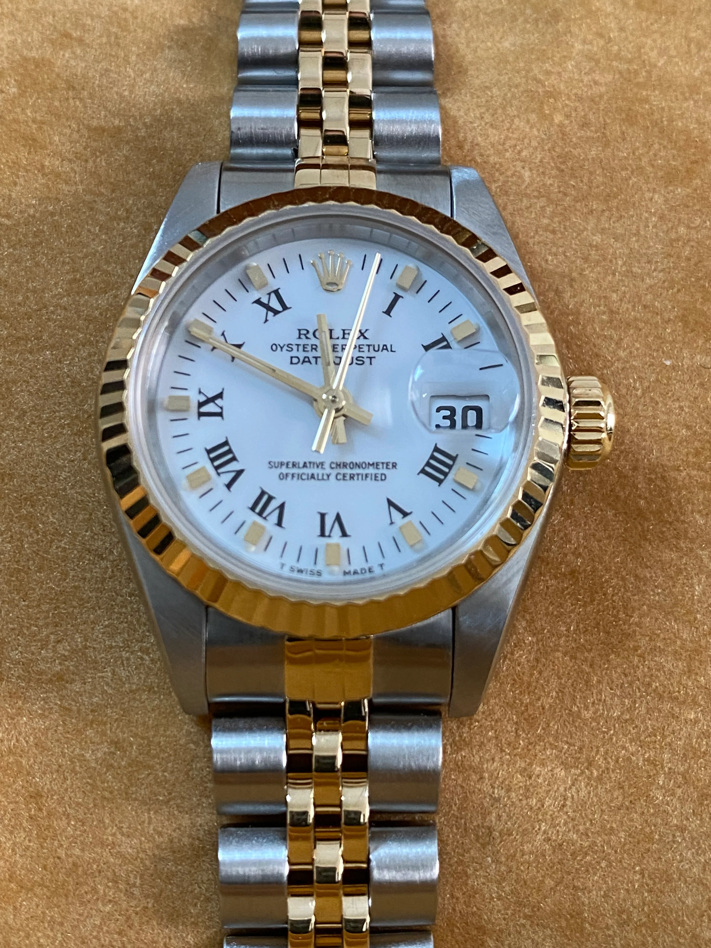 Rolex Steel and Yellow Gold Lady-Datejust - W serial - Fluted Bezel - White Roman Dial - Jubilee Bracelet - 69173 *FULL SET*