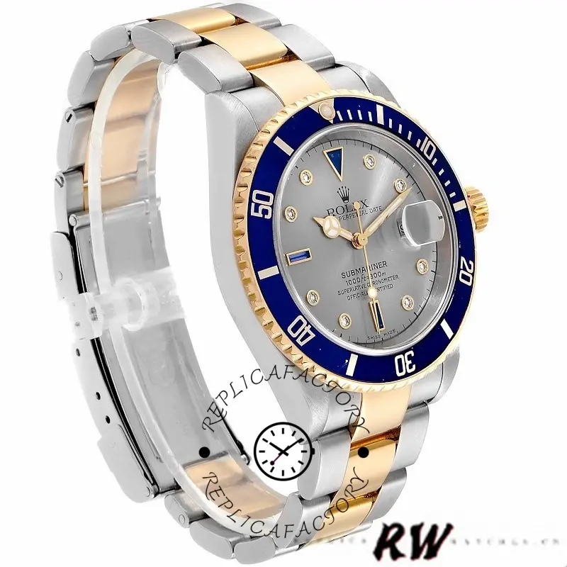 Rolex Submariner 16613 Steel Gold Diamond Sapphire Serti Dial 40mm Mens Replica Watch