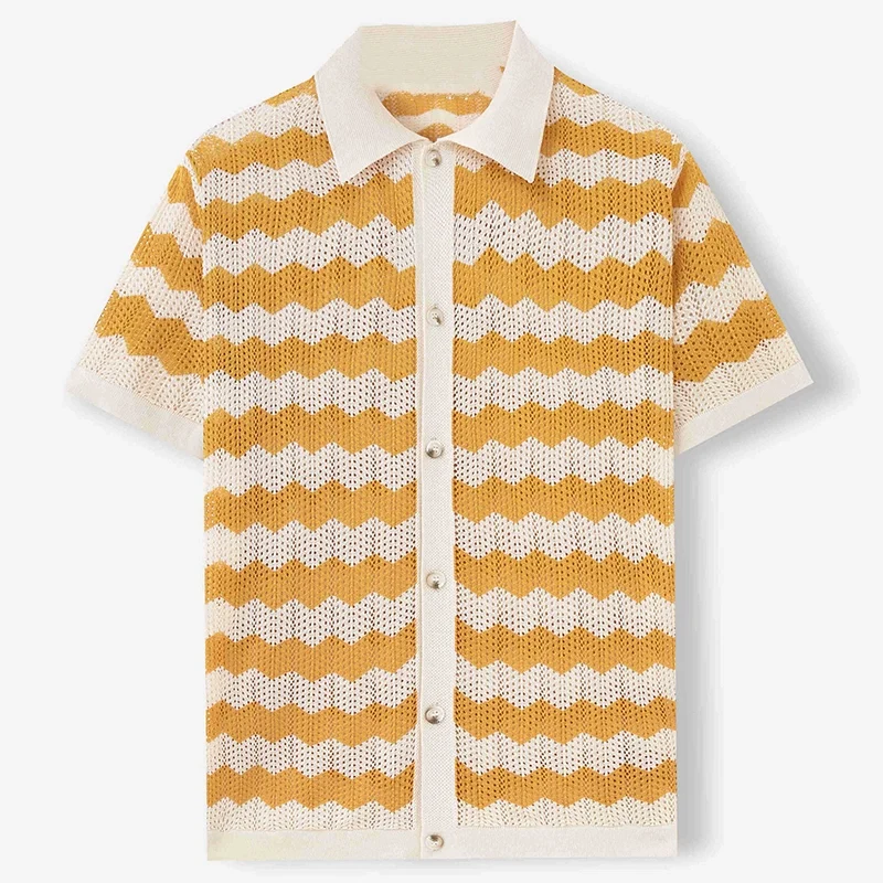 Mivanity Men's Striped Hollow-Out Knit Polo Shirts
