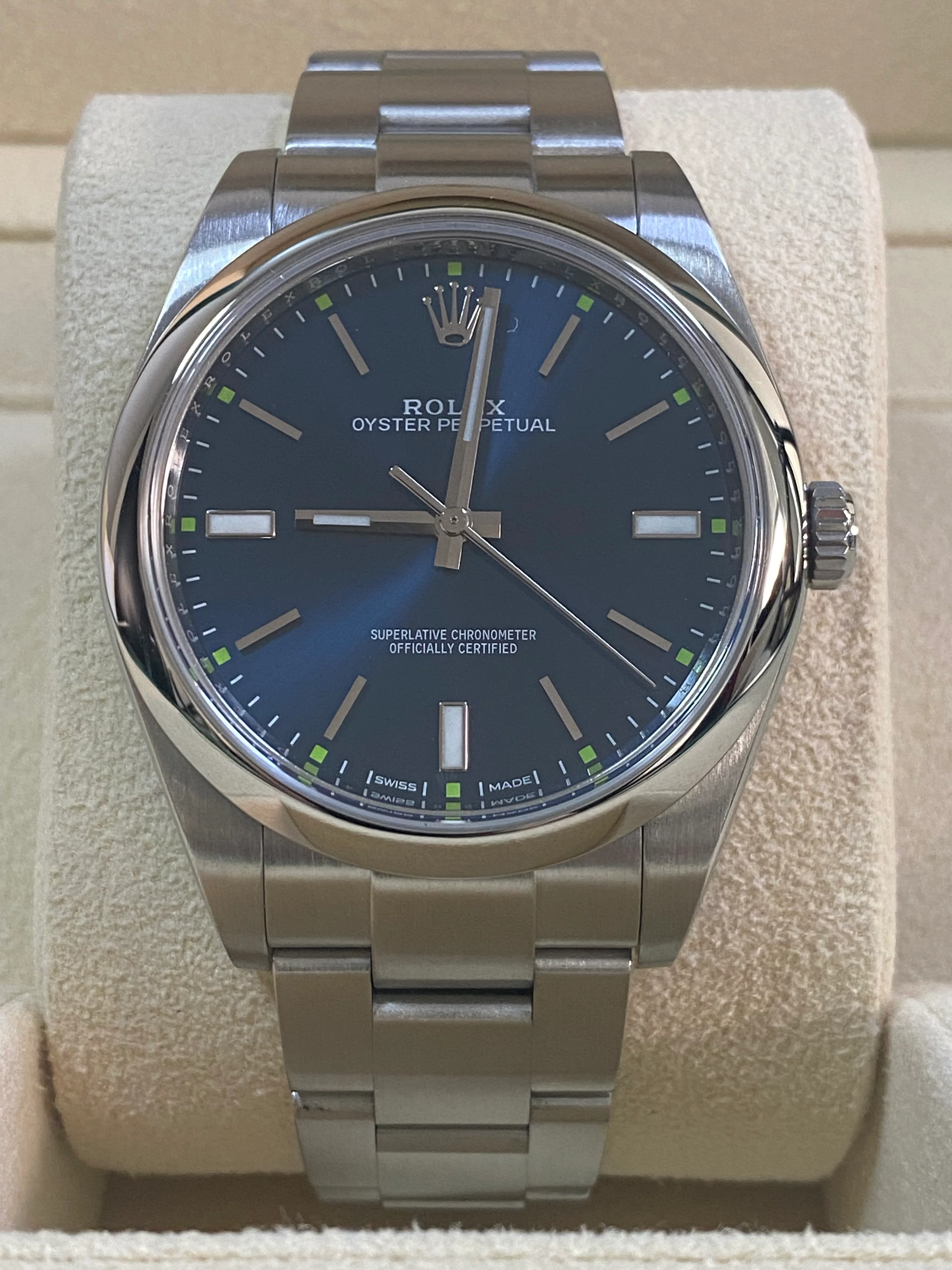 Rolex Steel Oyster Perpetual 39 - Domed Bezel - Blue Index Dial - 114300