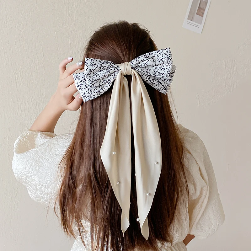 Elegant Bow Ribbon Hair Clip for Women Large Satin Hairpins Barrettes Long Headband Spring Clip Girls Hair Accessories