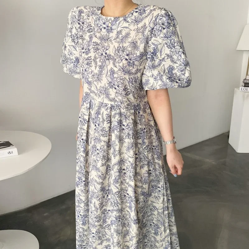 Loose Korean Chic Summer French Style Floral Print round Neck Splice Design Long Skirt Dress with Lace Hemline Ankle-length