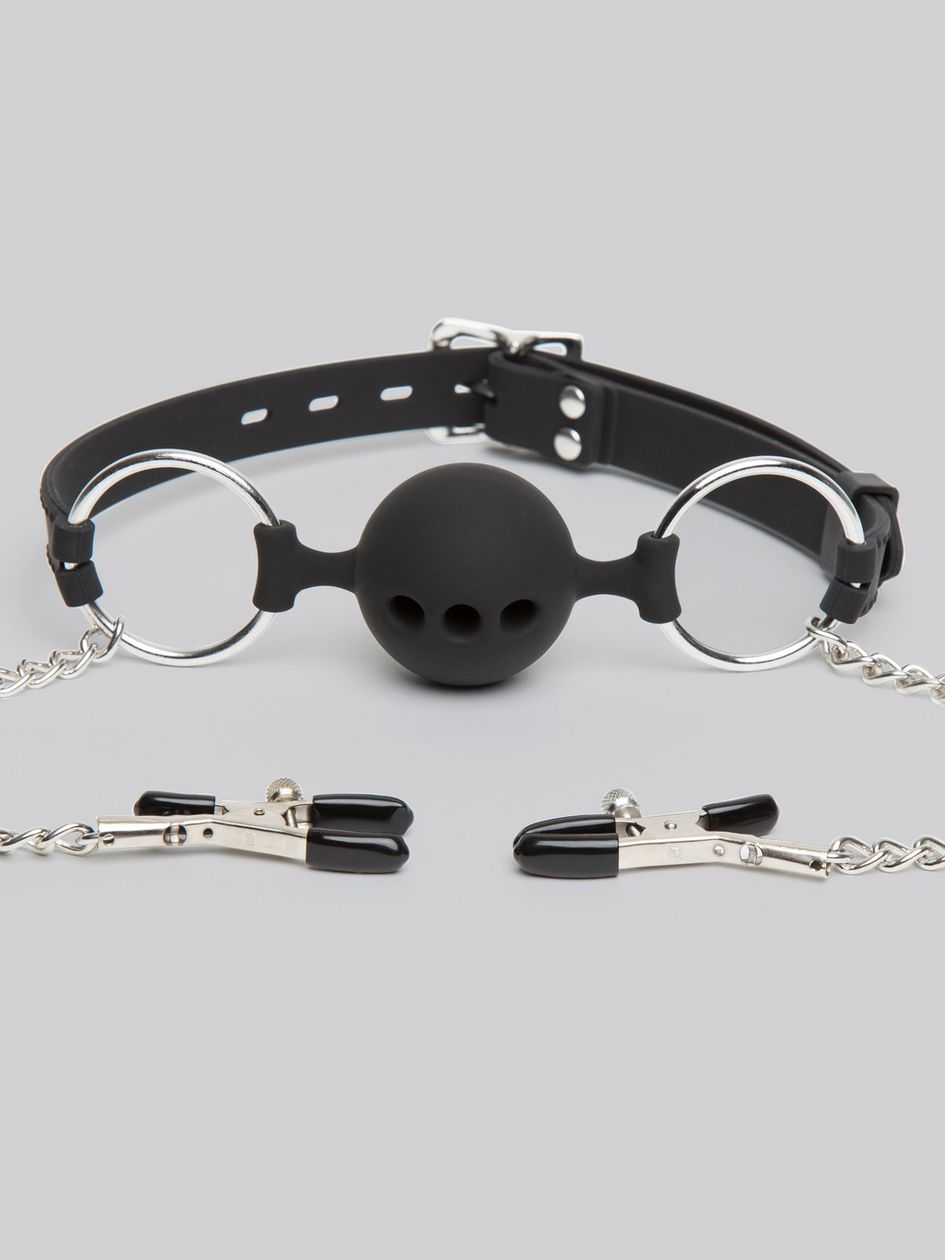 DOMINIX Deluxe Large Breathable Ball Gag with Nipple Clamps