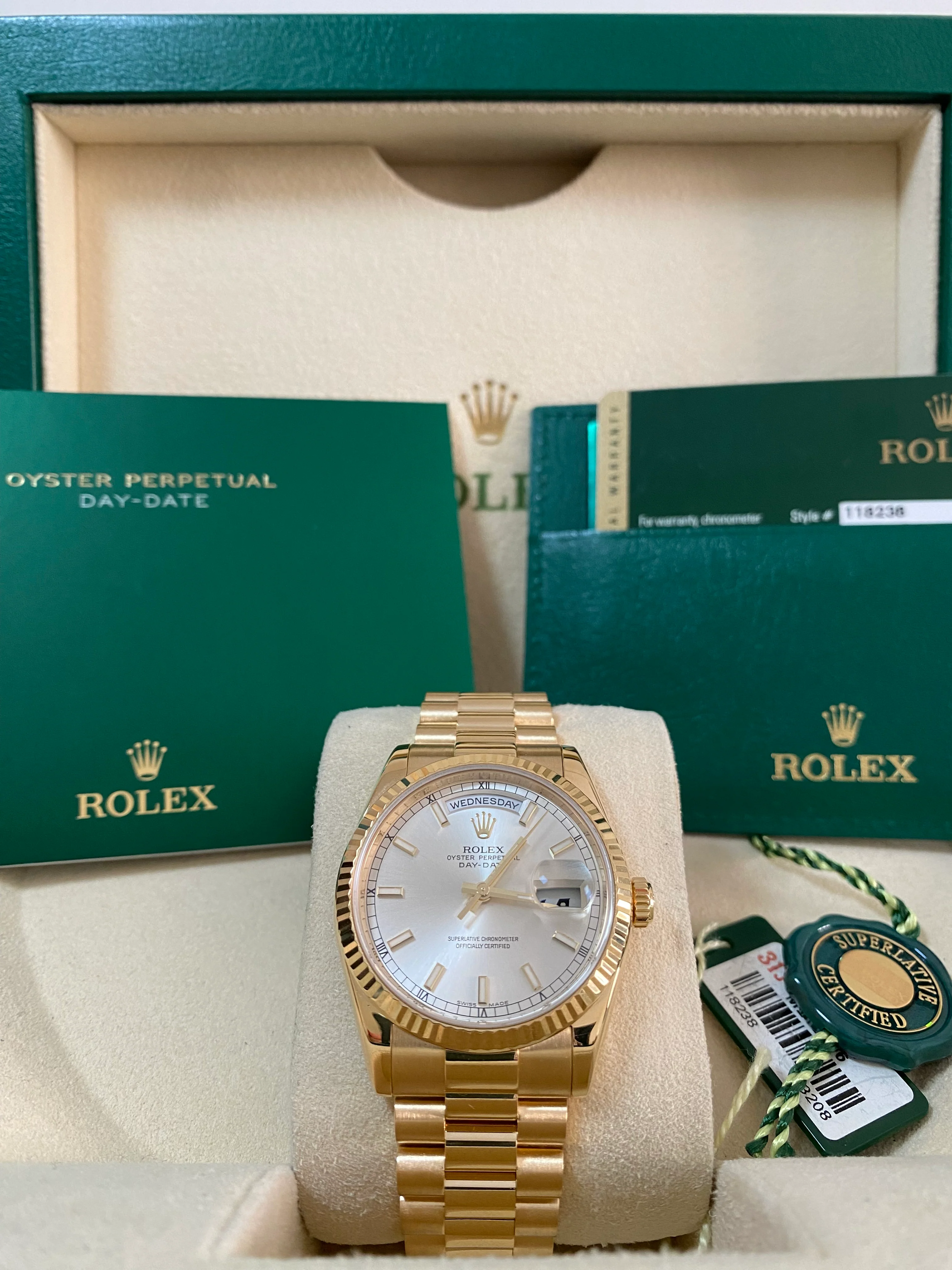 Rolex Yellow Gold Day-Date 36 - M serial - Fluted Bezel - Silver Index Dial - President Bracelet - 118238 *OPEN CARD*