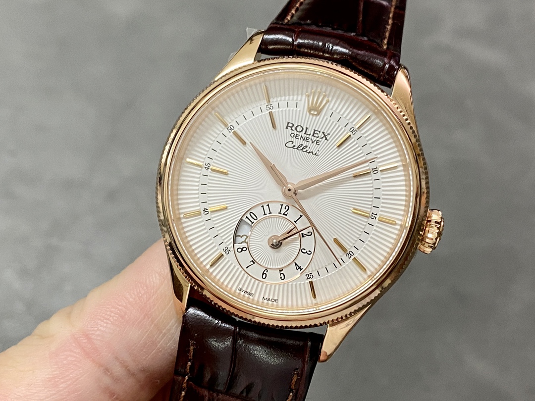 Rolex Cellini Dual Time 50525 Silver Dial Black Leather Strap 39mm Mens Replica Watch