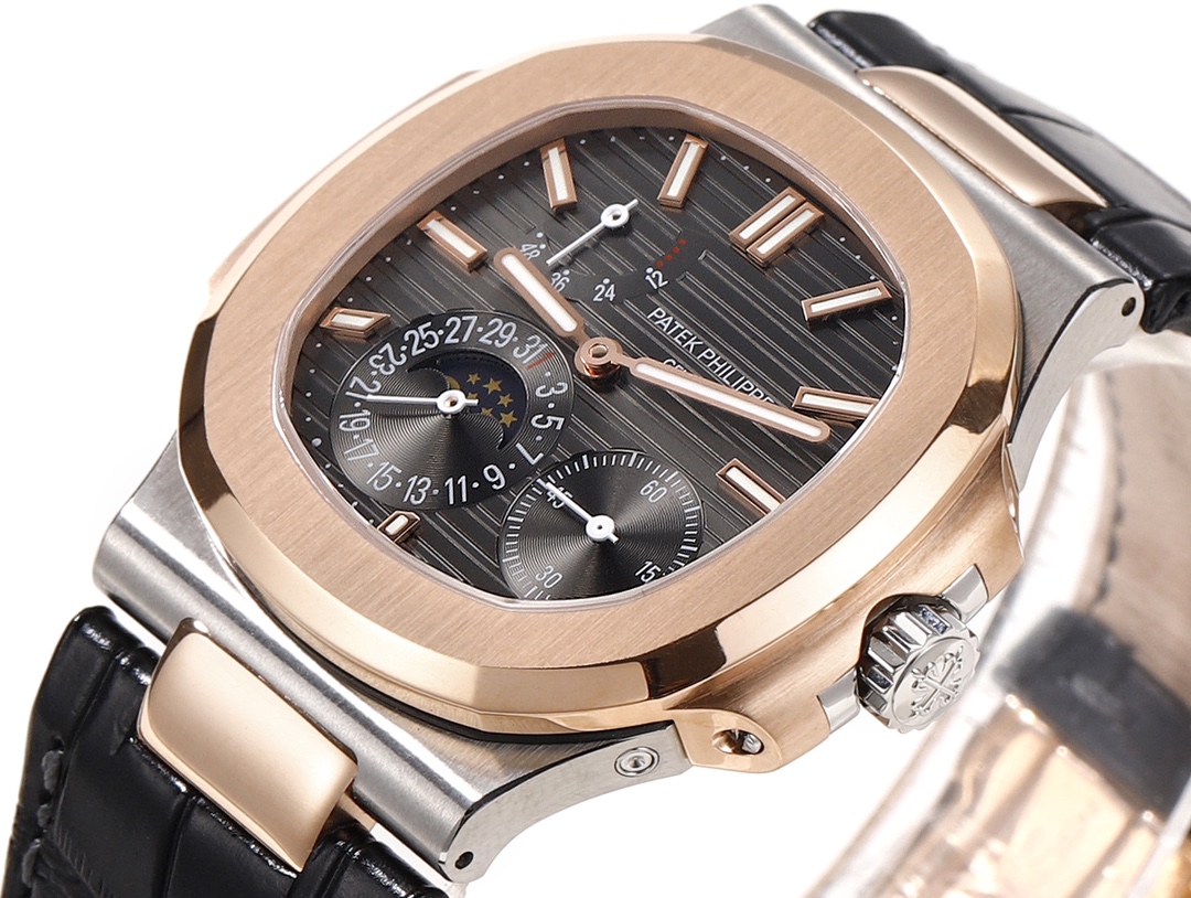 Patek Philippe Nautilus Moon Phases Rose & White Gold Slate Grey Dial 5712GR 001