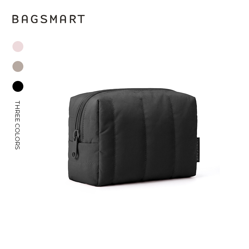 BAGSMART Travel Makeup Bag for Purse Toiletry Pouch, Puffy Padded Cosmetics Bag, Cute Make Up Pouch for Women with Slip-in Pocket, Travel Essentials for Toiletries, Black