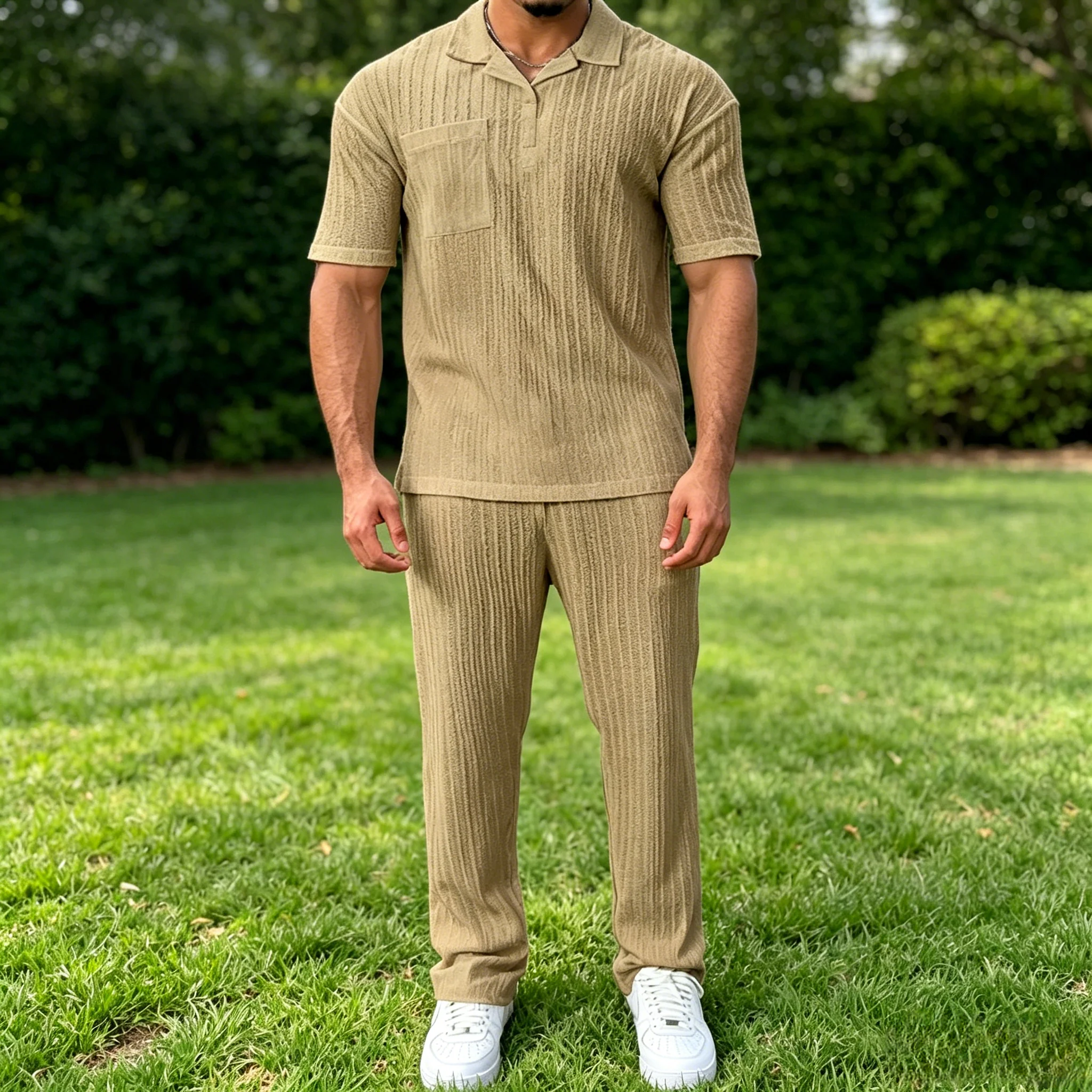 Mivanity Stylish Striped Textured Polo Shirt Sets