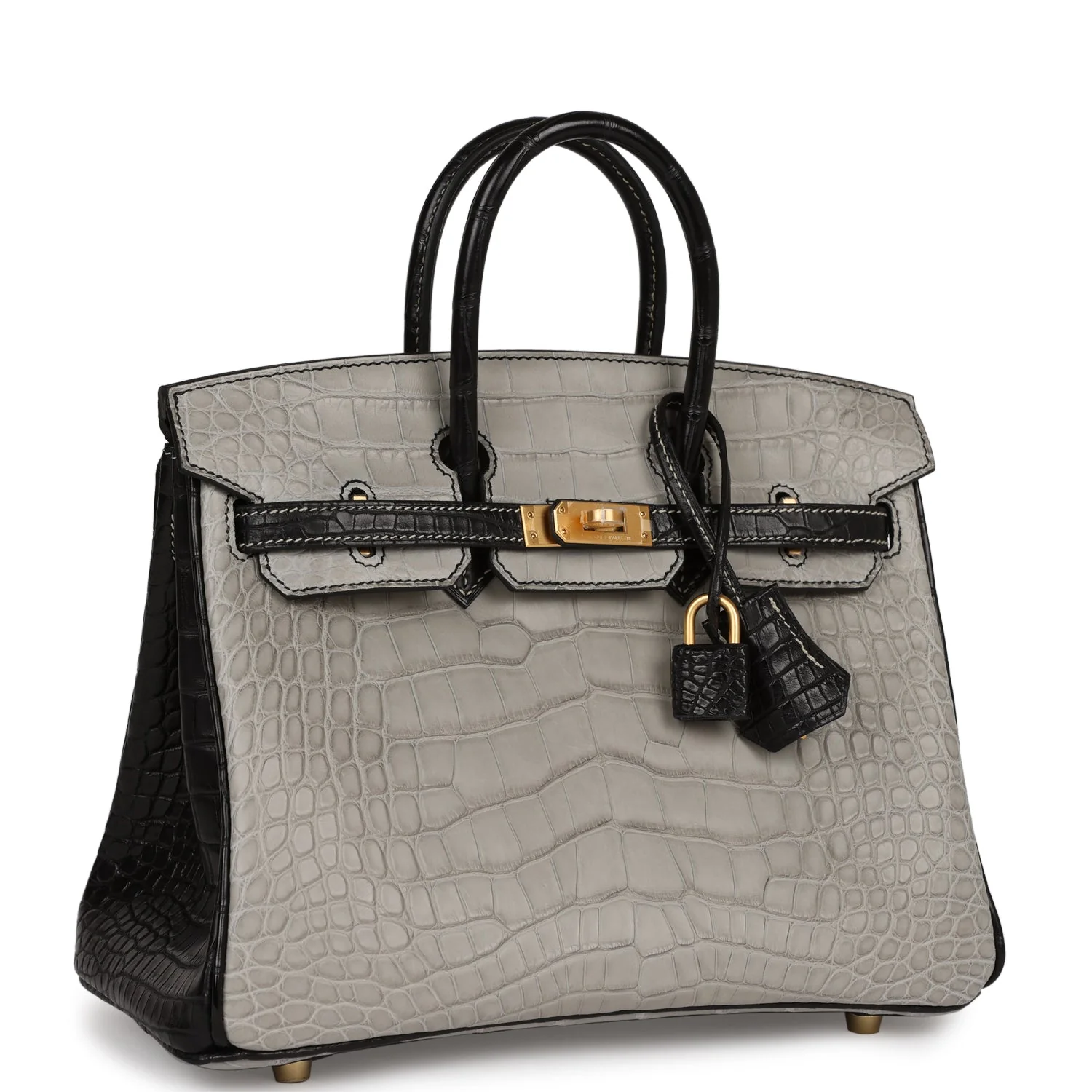 Hermes Special Order (HSS) Birkin 25 Gris Perle and Black Matte Alligator Mississippienis Brushed Gold Hardware