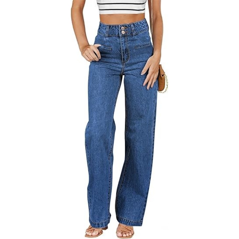 Women's High Waisted Stretchy Straight Leg Jeans, Trendy Loose Wide Leg Denim Pants with Pockets
