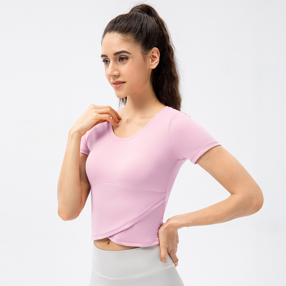 Women's Yoga Top with Integrated Bra Pads, High-Waisted, Navel-Exposing, Short-Sleeved Sports T-Shirt for Running and Training