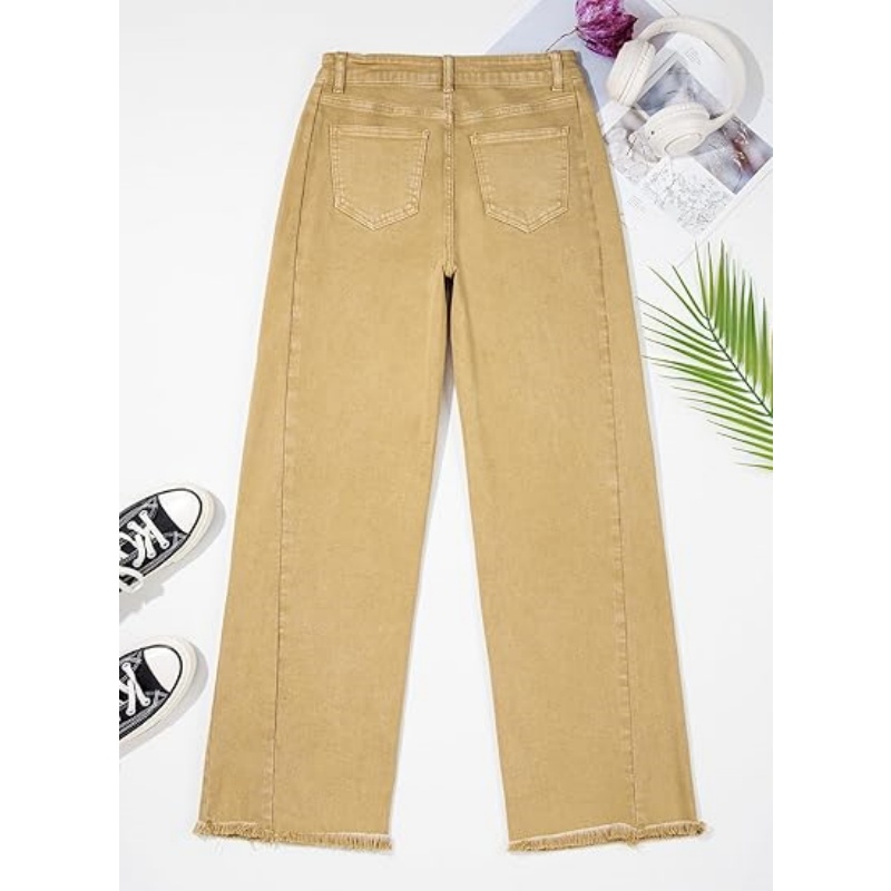 Women's High Waisted Stretchy Wide Leg Raw Hem Denim Jeans
