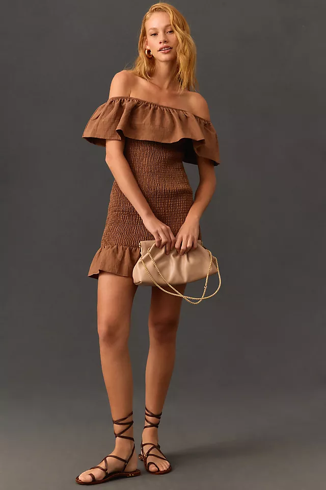 Off-The-Shoulder Smocked Mini Dress CHOCOLATE