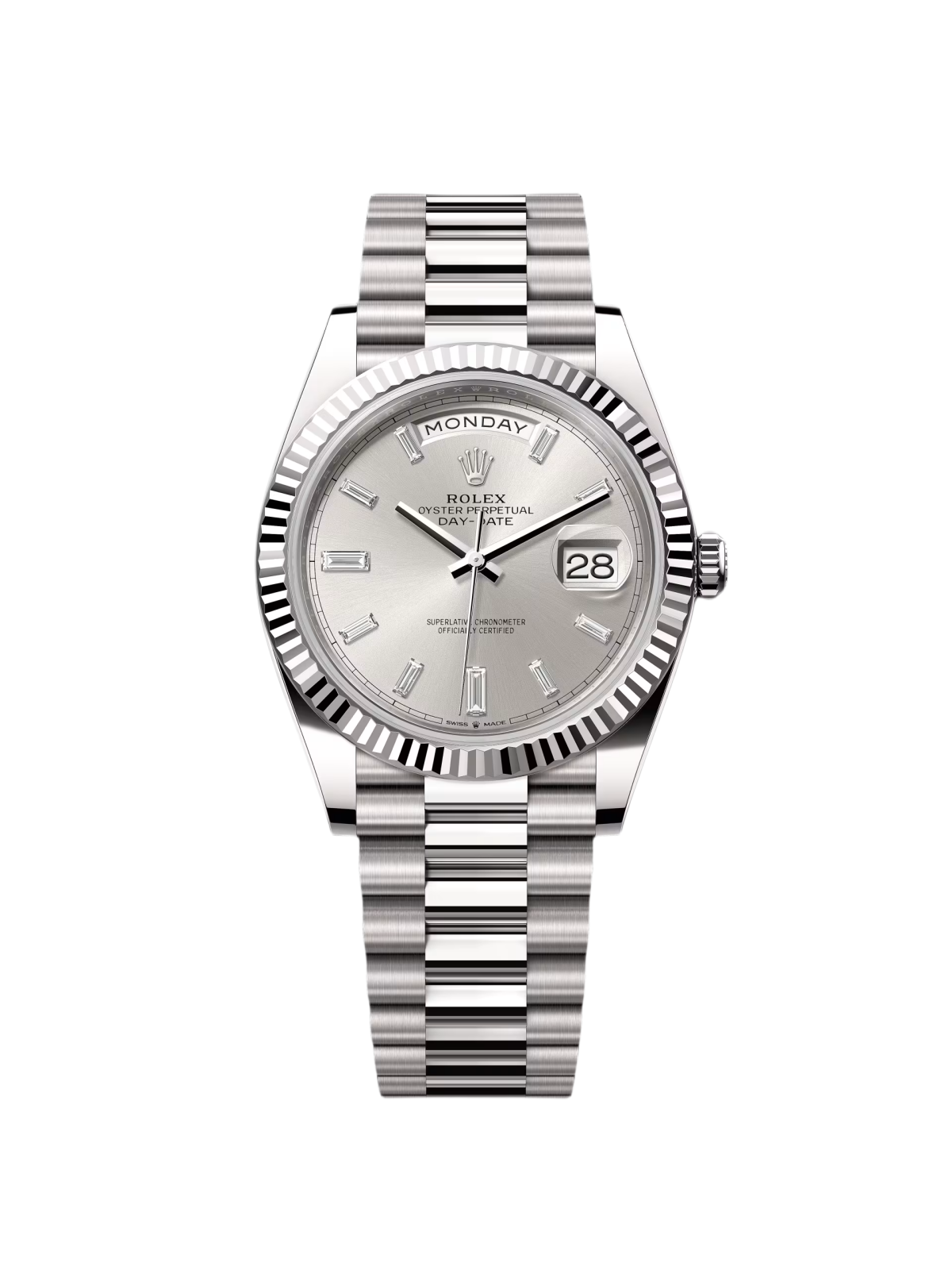【Super Clone】RLX  Day-Date "President" 40mm White Gold Silver Diamond Baguette Dial - 228239