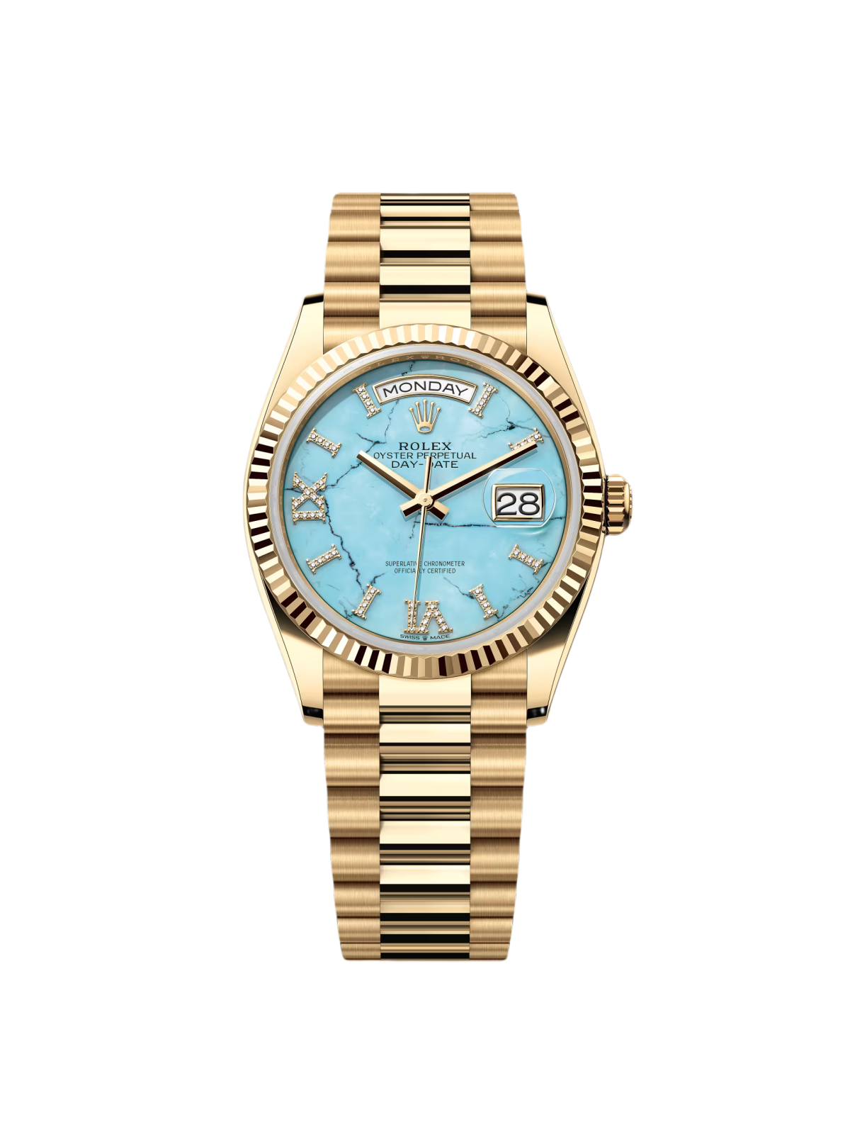 【Super Clone】RLX  Day-Date "President" 36mm Yellow Gold Turquoise Roman Diamond Dial - 128238