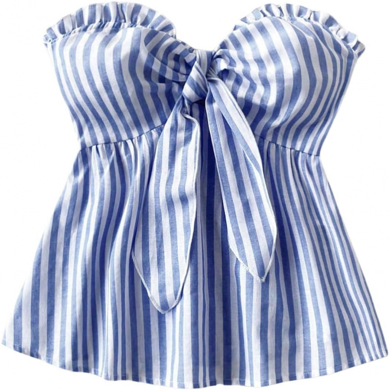 AURETOP Women's Striped Bandeau Shirt Bow Knot Frill
