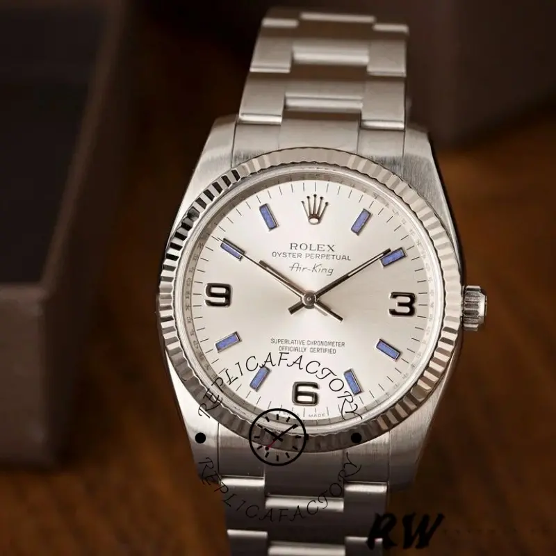 Rolex Oyster Perpetual Air-King 114234 Blue Hour Markers Silver Dial 34mm Unisex replica watch