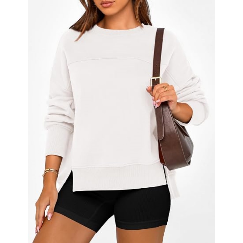 Women's Crewneck Sweatshirt, Fleece Long Sleeve Side Slit Pullover