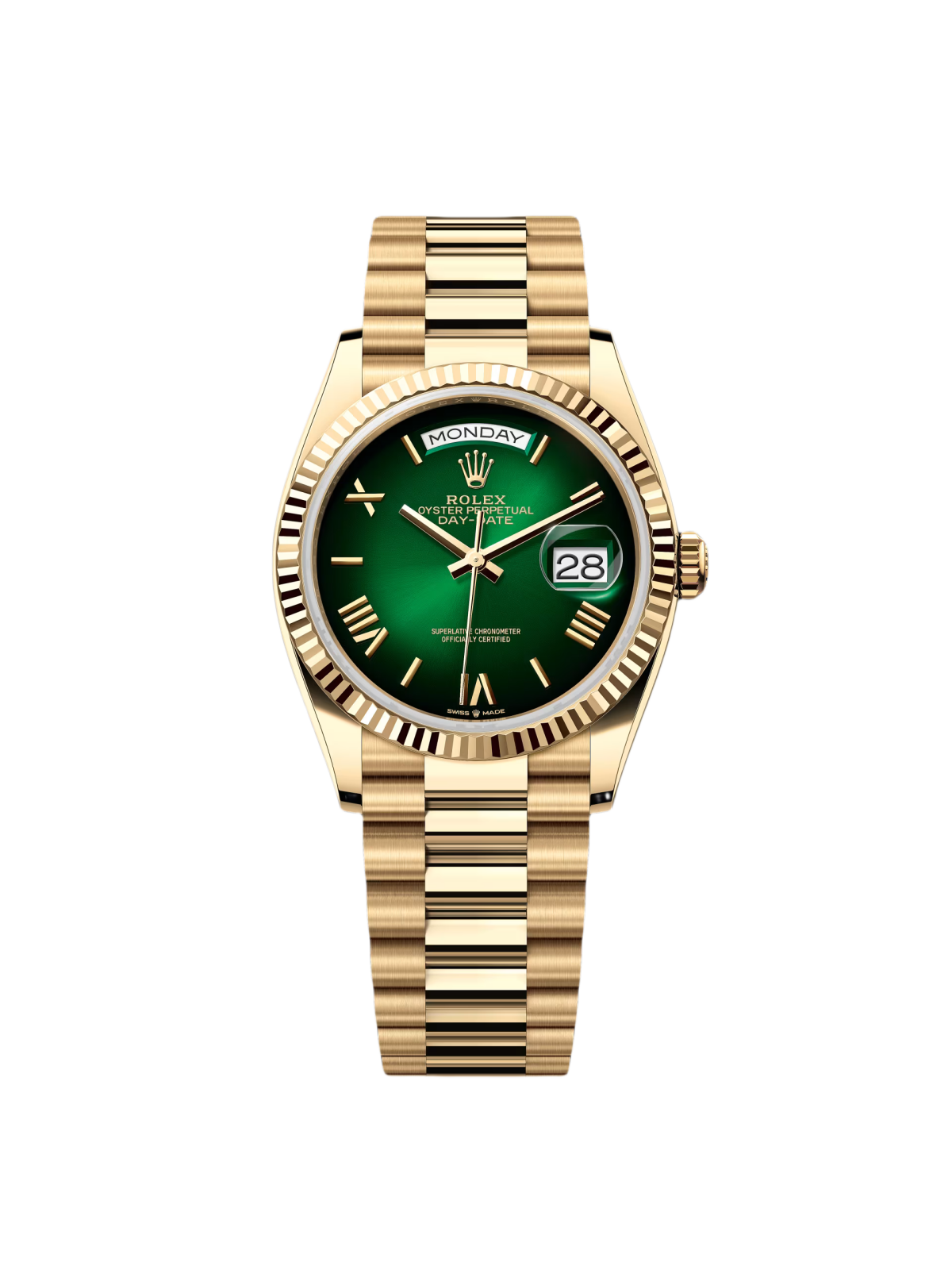 【Super Clone】RLX  Day-Date "President" 36mm Yellow Gold Green Ombre Roman Dial - 128238