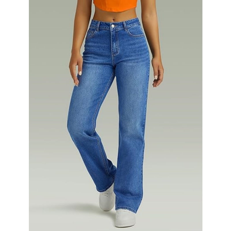 Women's High Waisted Microelastic Straight Leg Jeans, Loose Wide Leg Boyfriend Denim Pants