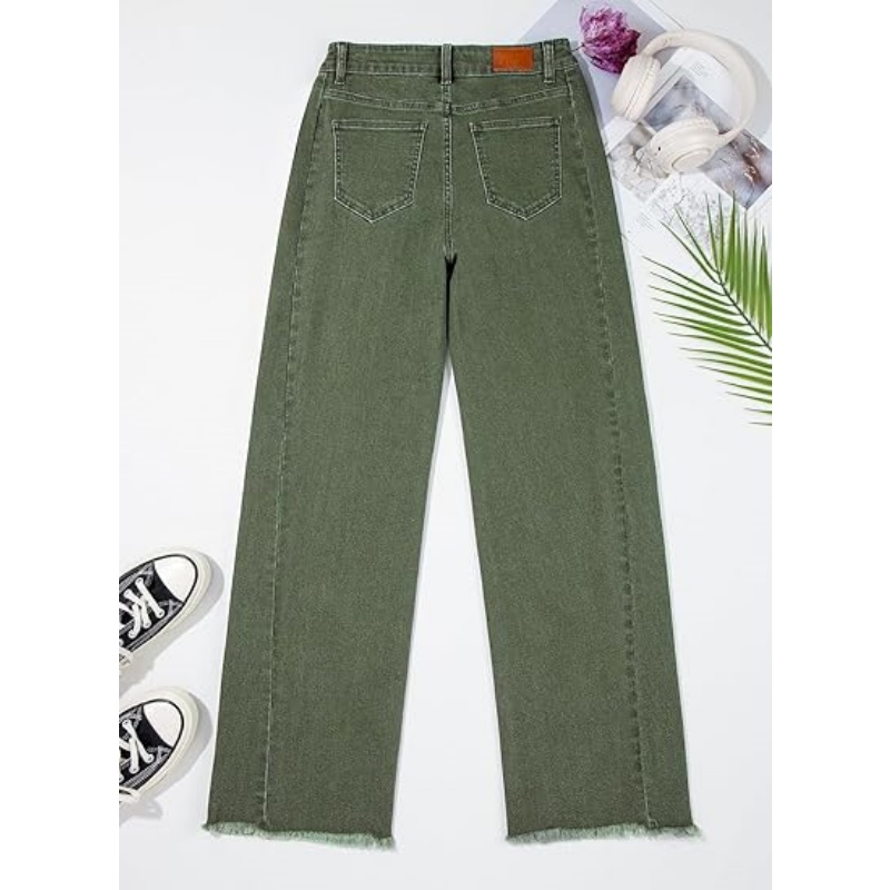 Women's High Waisted Stretchy Wide Leg Raw Hem Denim Jeans