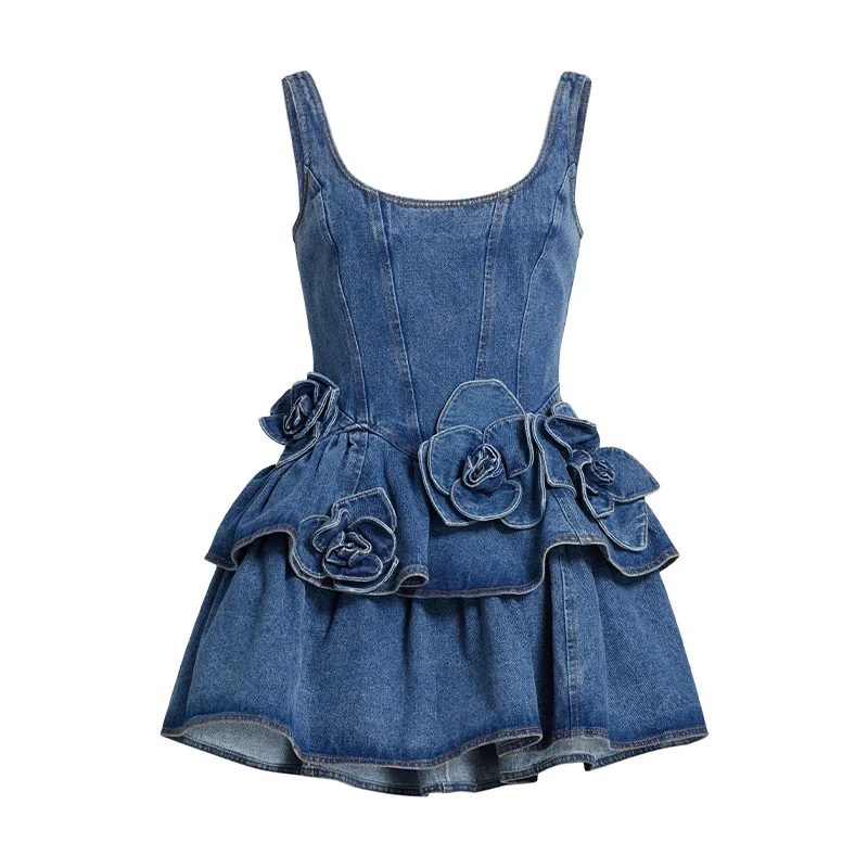 Chic Summer 3d Floral Denim Mini Dress Vintage A Line Halter High Street Jean Vesidos 2026 New Lady Partyy2k Fashion Clothing