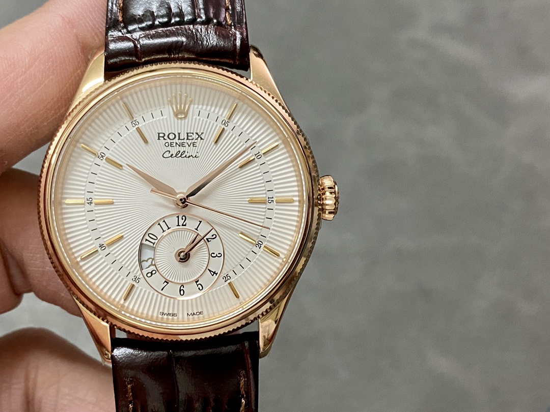 Rolex Cellini Dual Time 50525 Silver Dial Black Leather Strap 39mm Mens Replica Watch