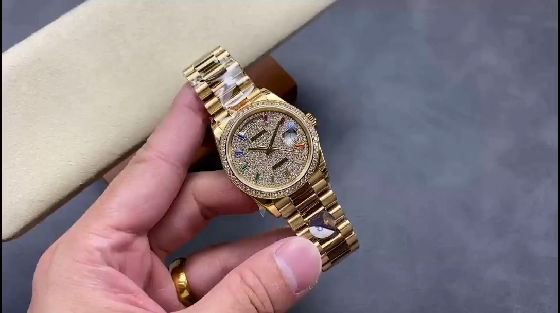 Rolex Day Date 36mm Yellow Gold 128348RBR 0030 Pave Rainbow Diamonds Sapphires Dial
