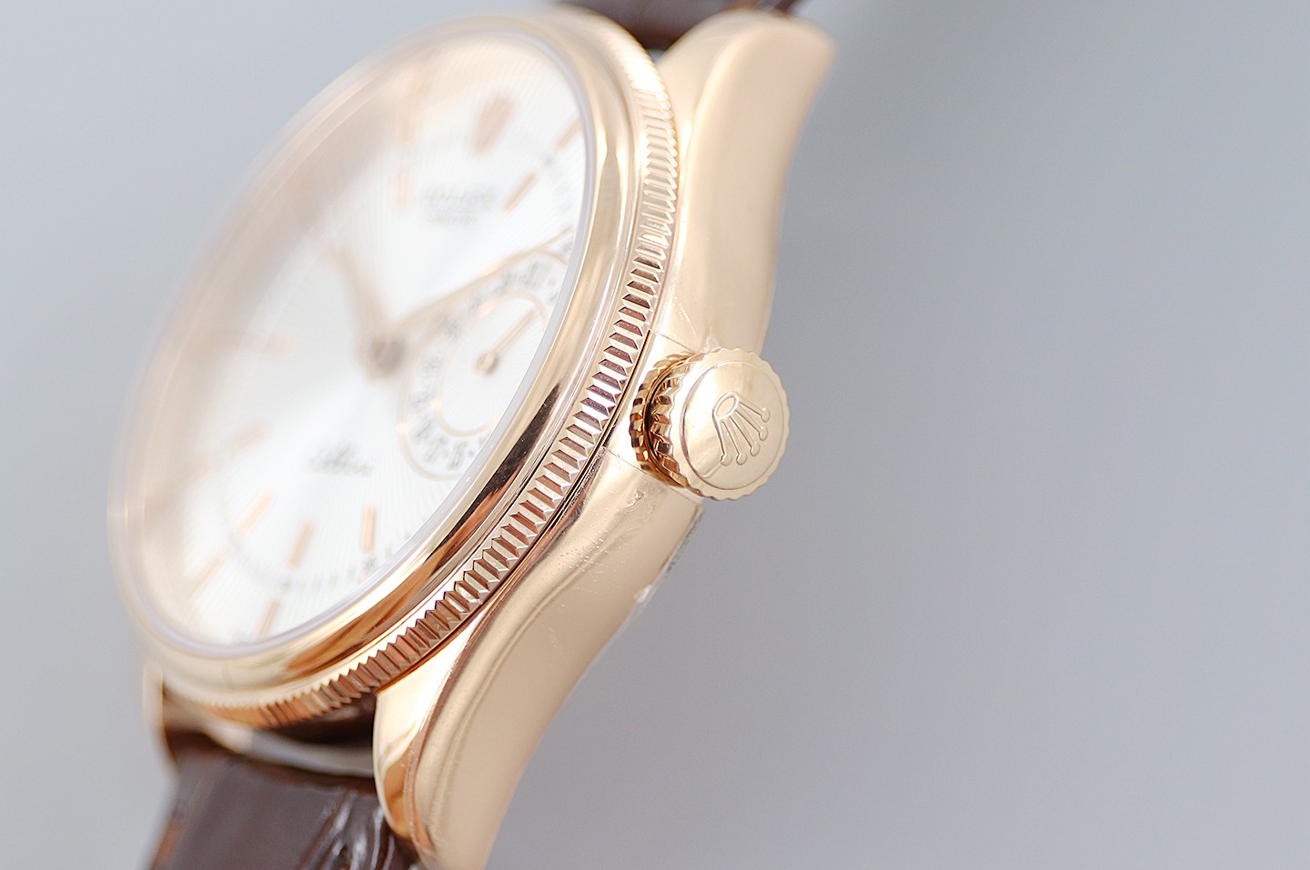 Rolex Cellini Date Rose Gold Silver Crocodile Leather Strap 50515 39mm Mens Replica Watch