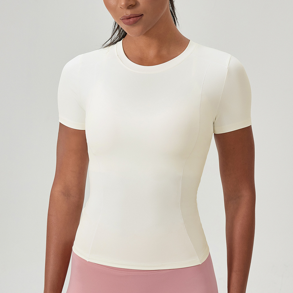 Women's European and American style running yoga short-sleeved bare-skin quick-drying sports top round neck tight fitness T-shirt