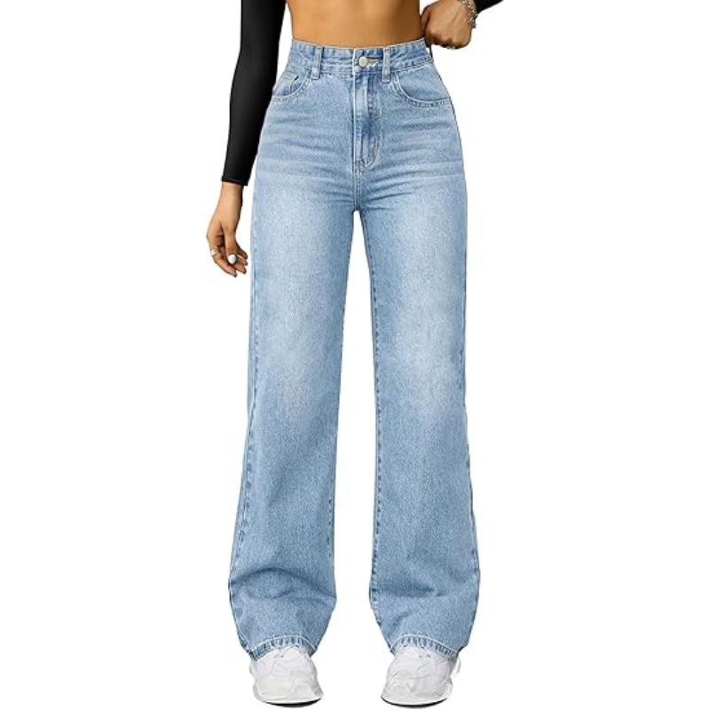 Women's High Waisted Microelastic Straight Leg Jeans, Loose Wide Leg Boyfriend Denim Pants