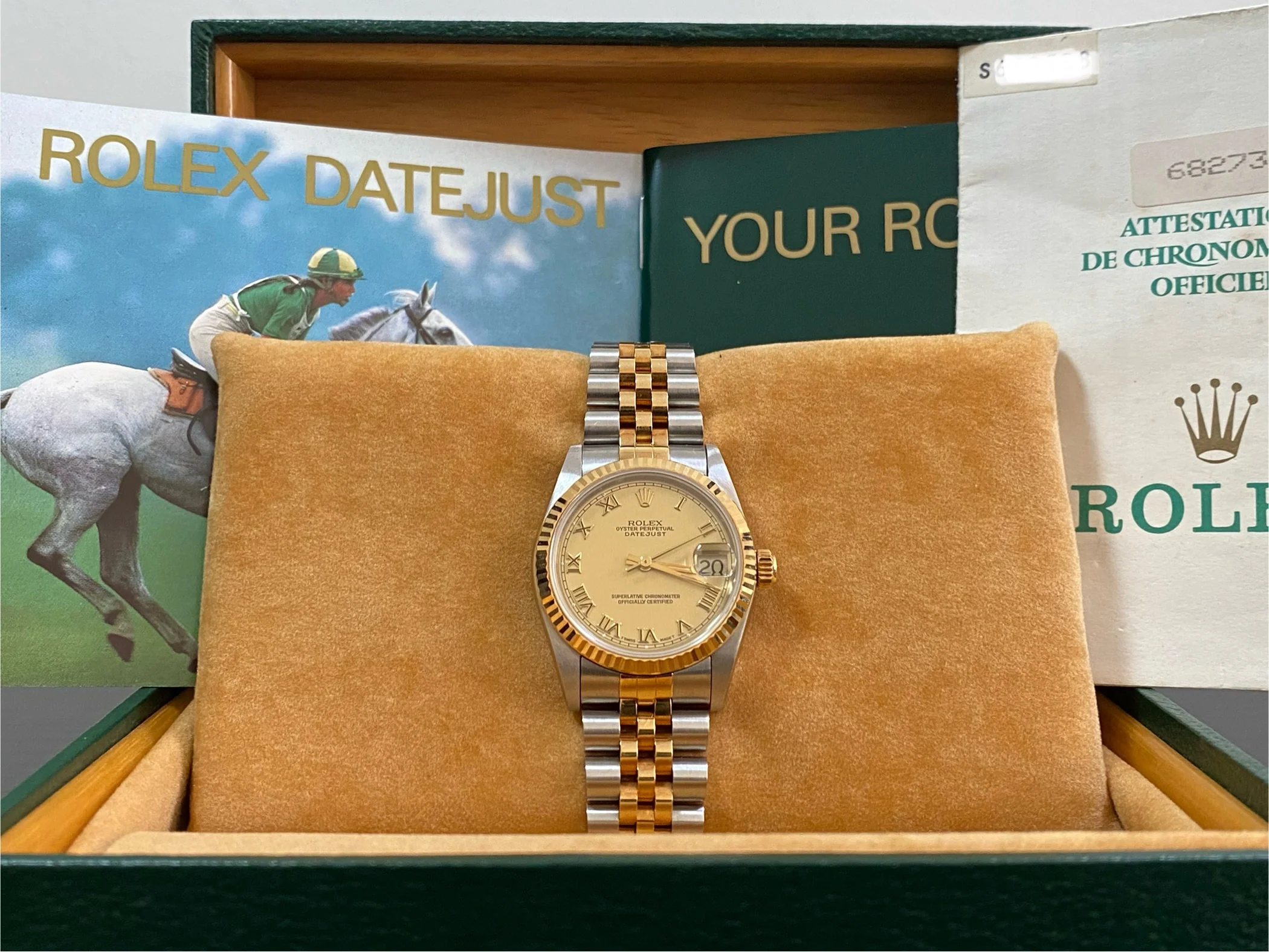 Rolex Steel and Yellow Gold Datejust 31 - S Serial - Fluted Bezel - Champagne Roman Dial - Jubilee Bracelet - 68273