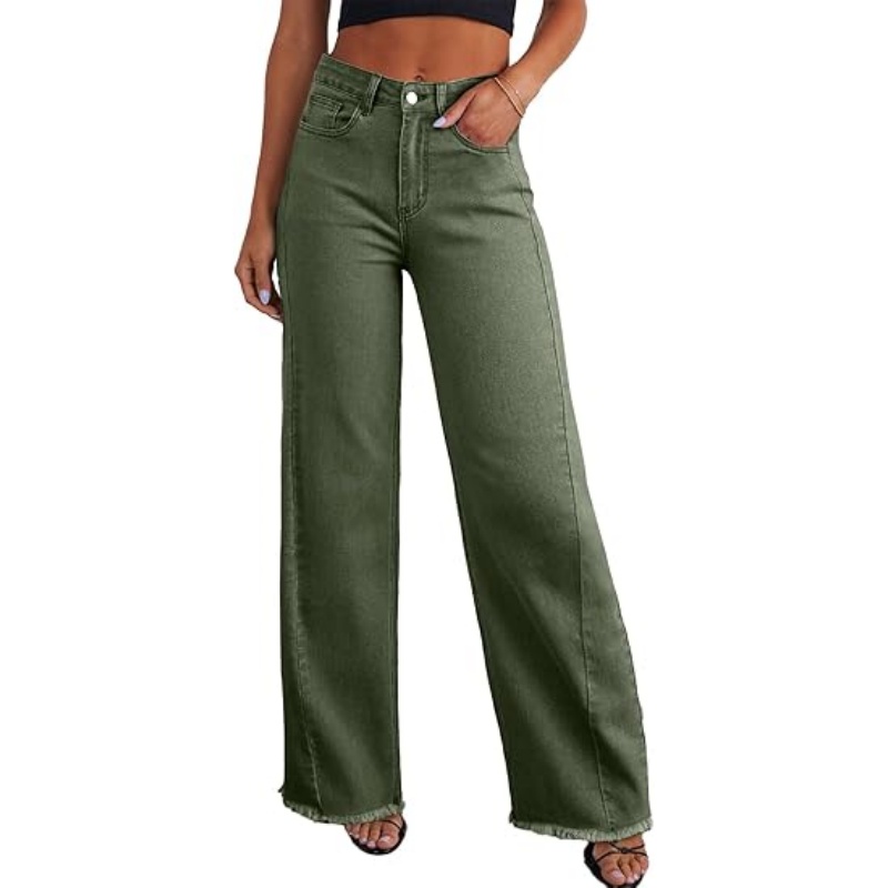 Women's High Waisted Stretchy Wide Leg Raw Hem Denim Jeans