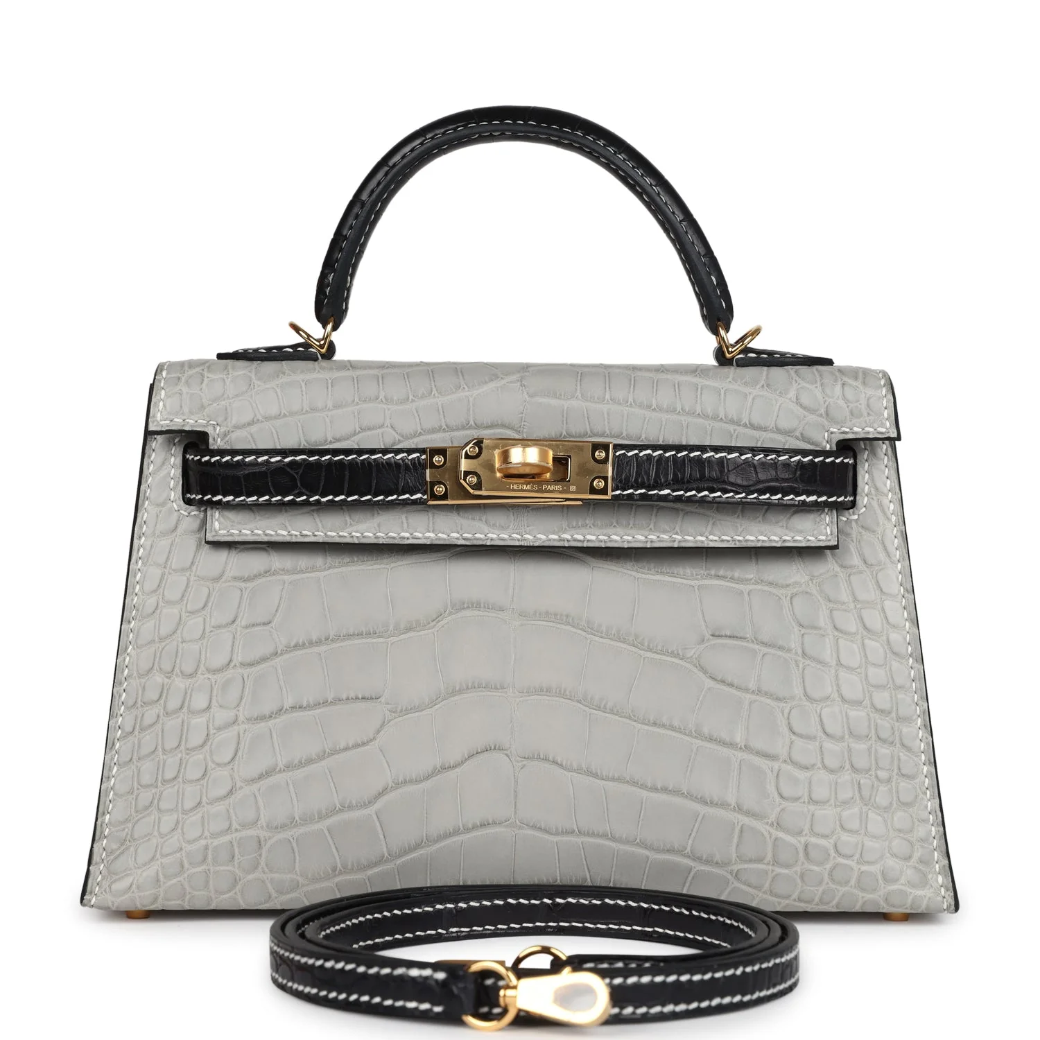 Hermes Special Order (HSS) Kelly Sellier 20 Gris Perle and Black Matte Alligator Gold Hardware