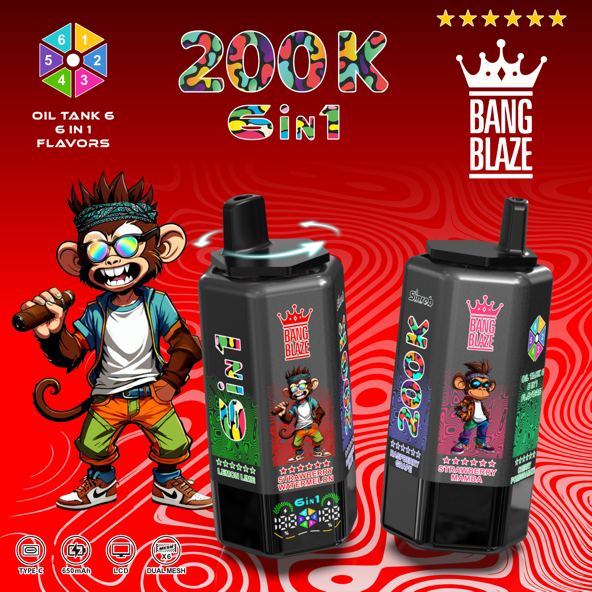 Вейп BANG BLAZE 200 000 Дръпки (6 в 1) | Електронна Цигара с LCD Дисплей