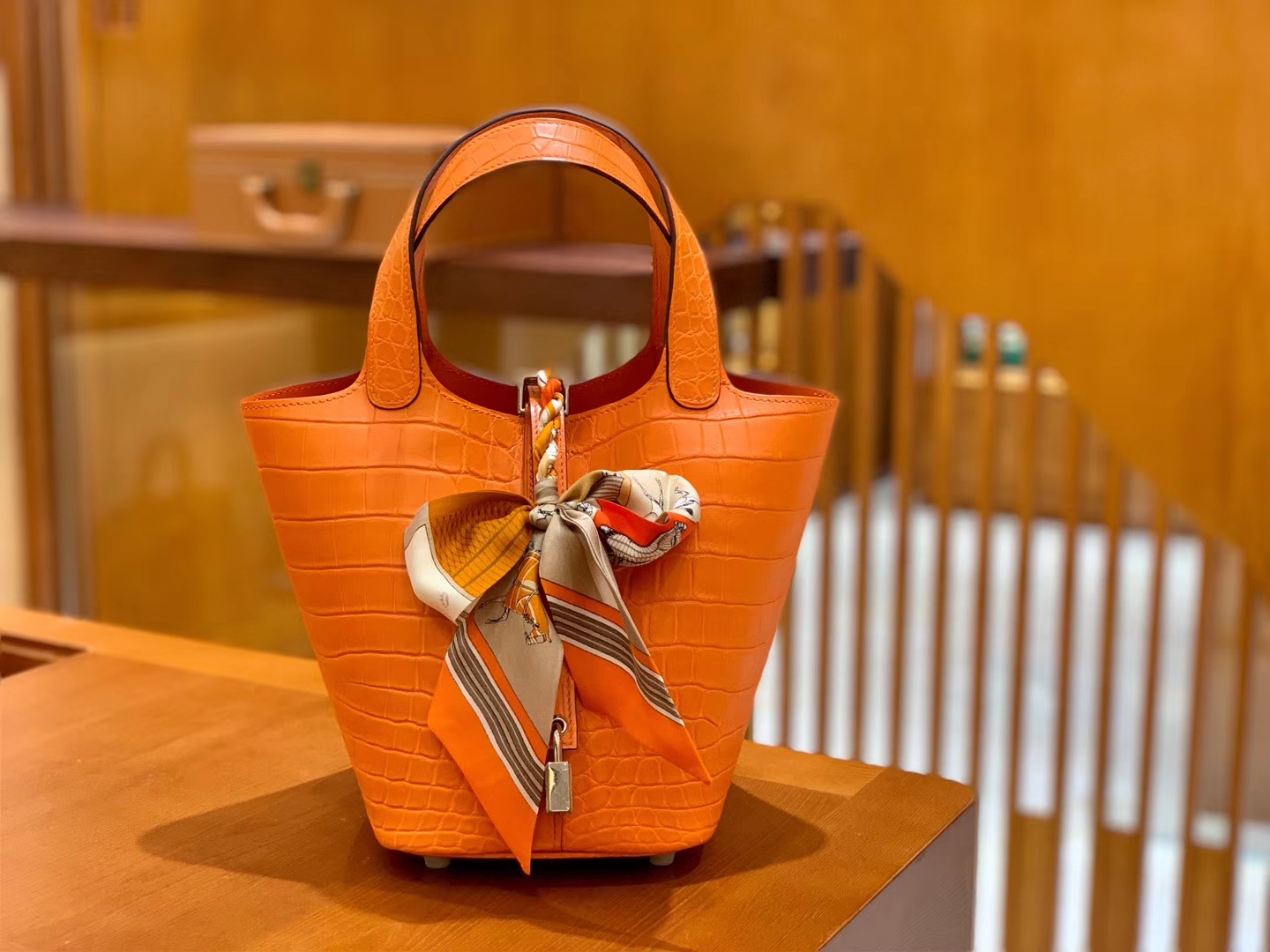 Hermes Piction Basket Bag - Classic Orange, First Grade Nile Crocodile Skin, Matte Finish, Hand-stitched Velvet Thread, Silver Buckles, 18cm