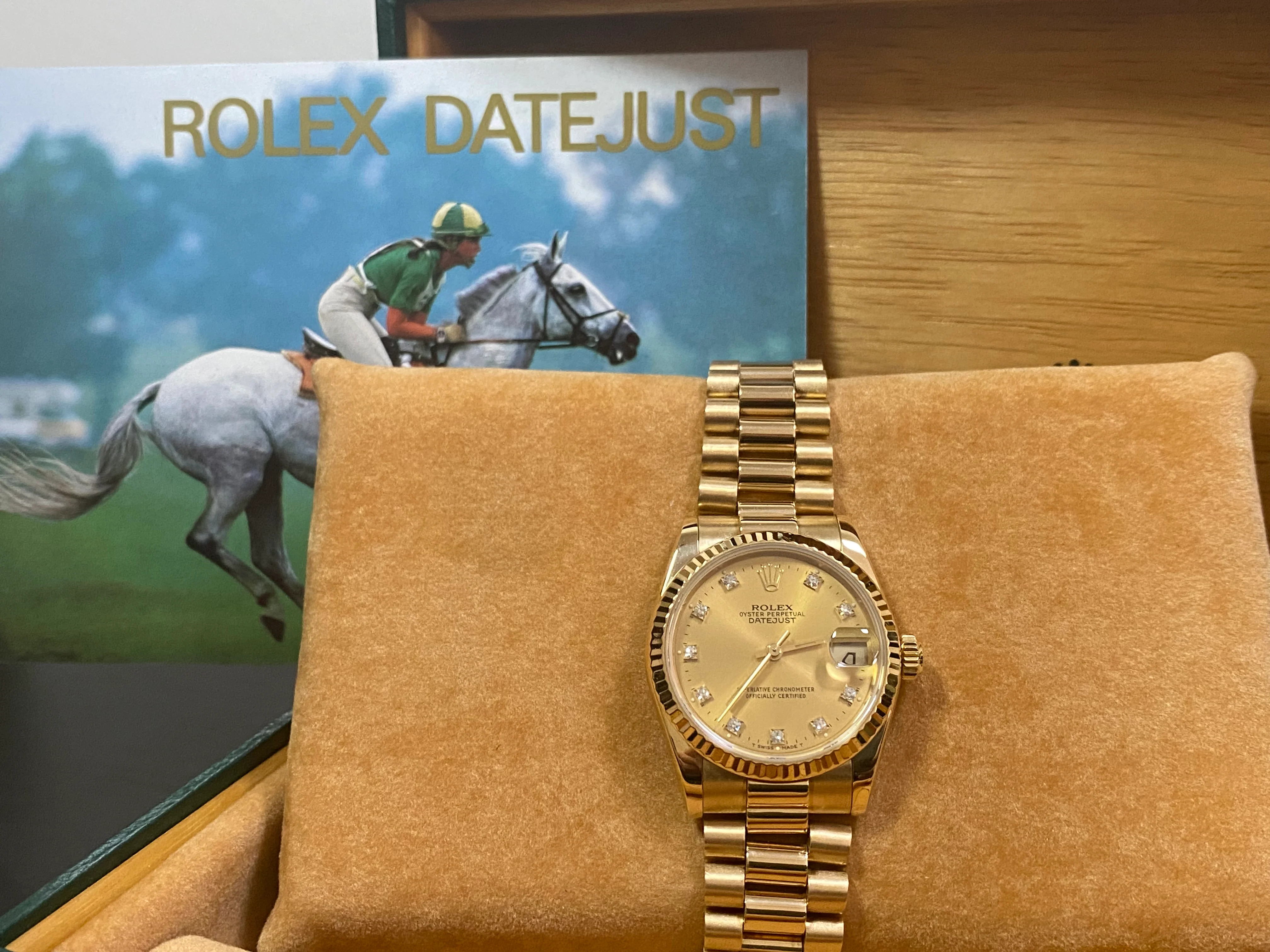 Rolex Yellow Gold Datejust 31 - N Serial - Fluted Bezel - Factory Diamond Dial - President Bracelet - 68278