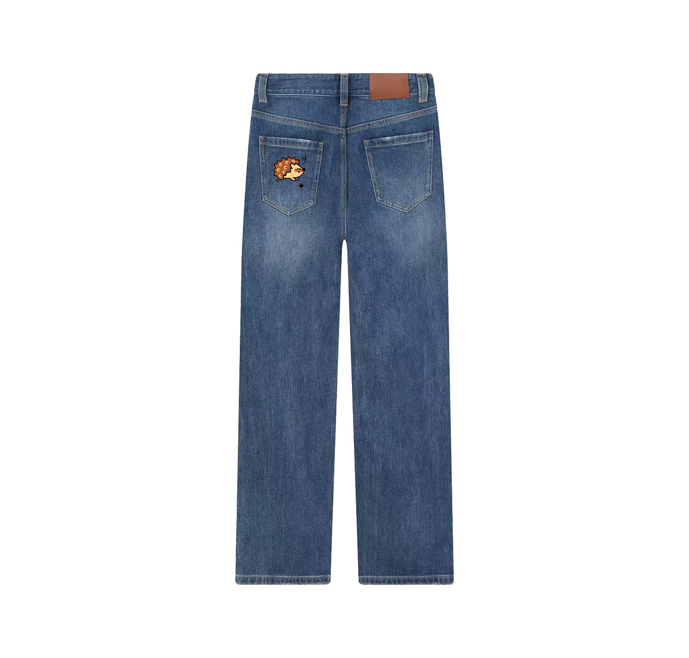 A pair of jeans featuring a cute little hedgehog print—a wardrobe essential.