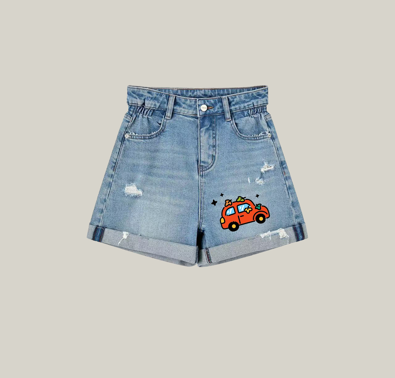 Denim shorts featuring a small car print—an essential item for your summer wardrobe.
