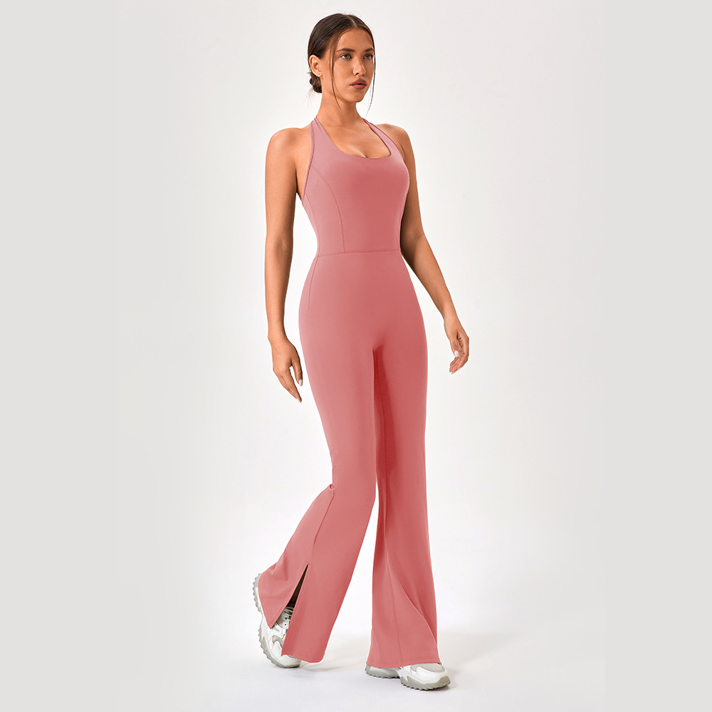 European and American style yoga bodysuit flared pants women's nude tight-fitting dance fitness wear hip lifting sports running bodysuit