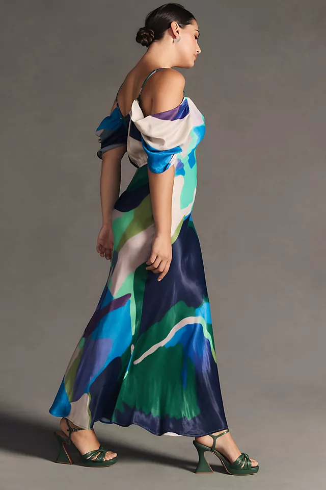 Painterly Off-Shoulder Slip Dress BLUE