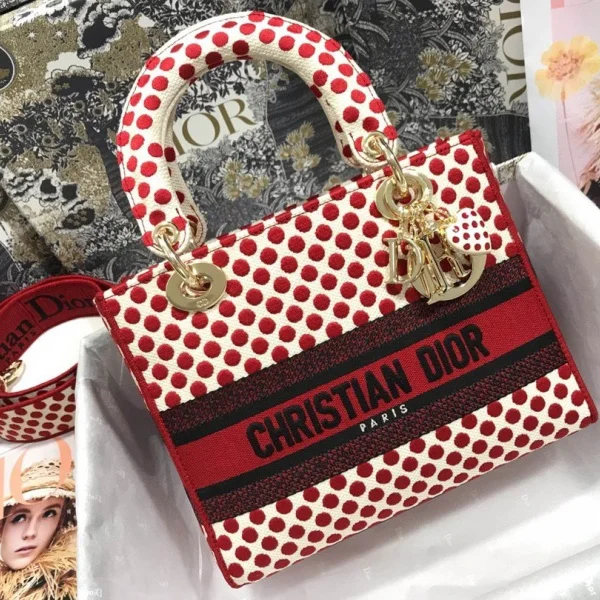 Dior Red Dots Medium Lady D-Lite Bag/Embroidered Logo