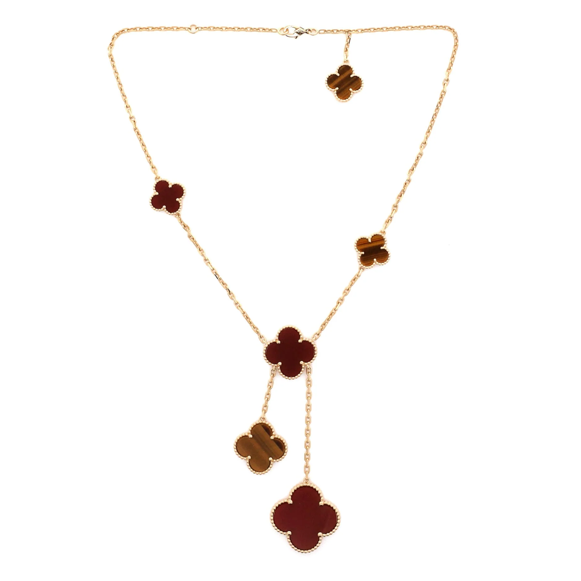 Magic Alhambra 6 Motifs Necklace 18K Yellow Gold with Carnelian and Tigers's Eye