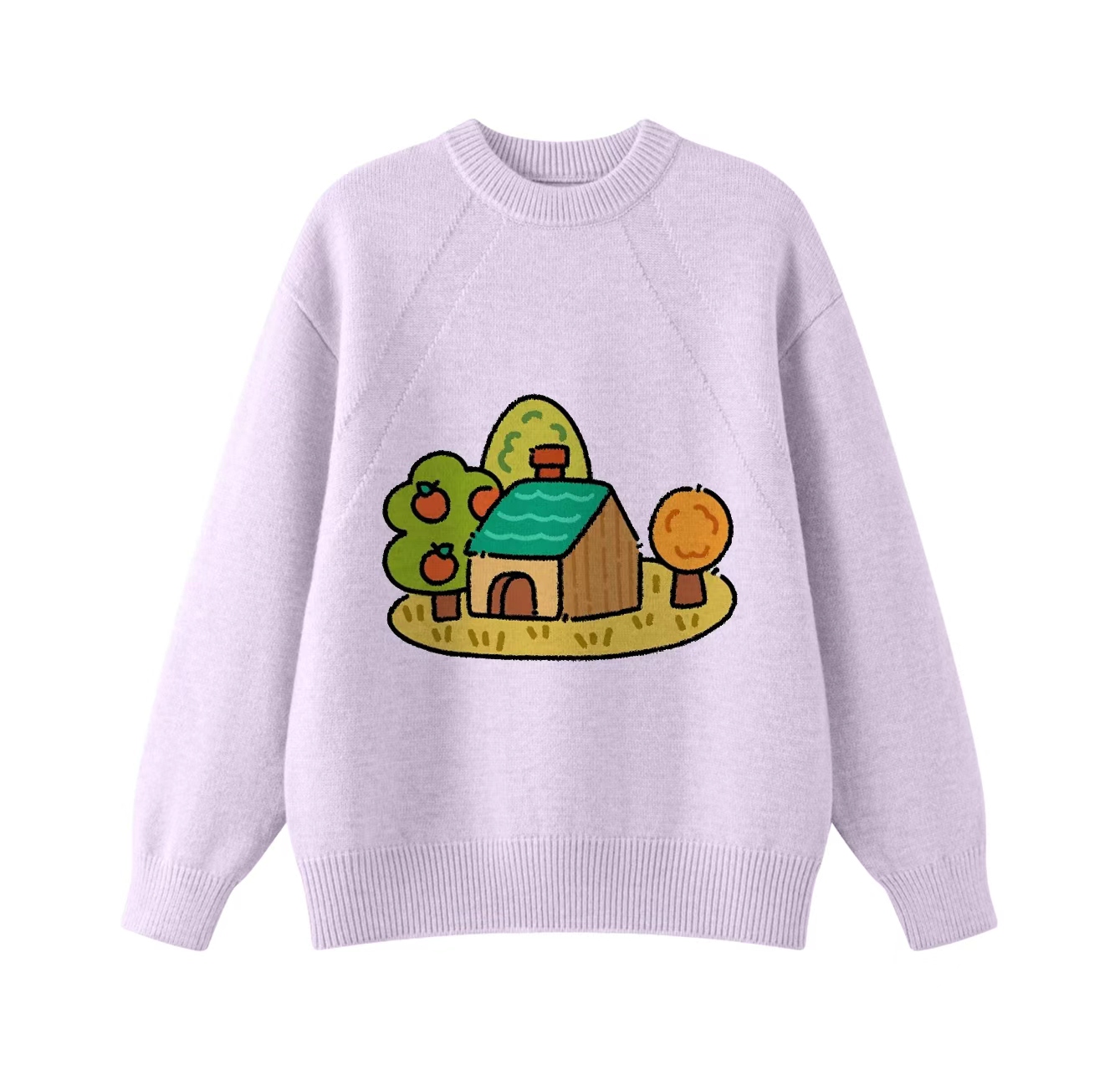 This adorable knit sweater, featuring a pattern of trees surrounding a house and a crew neck pullover design, is an ideal choice for winter wear.