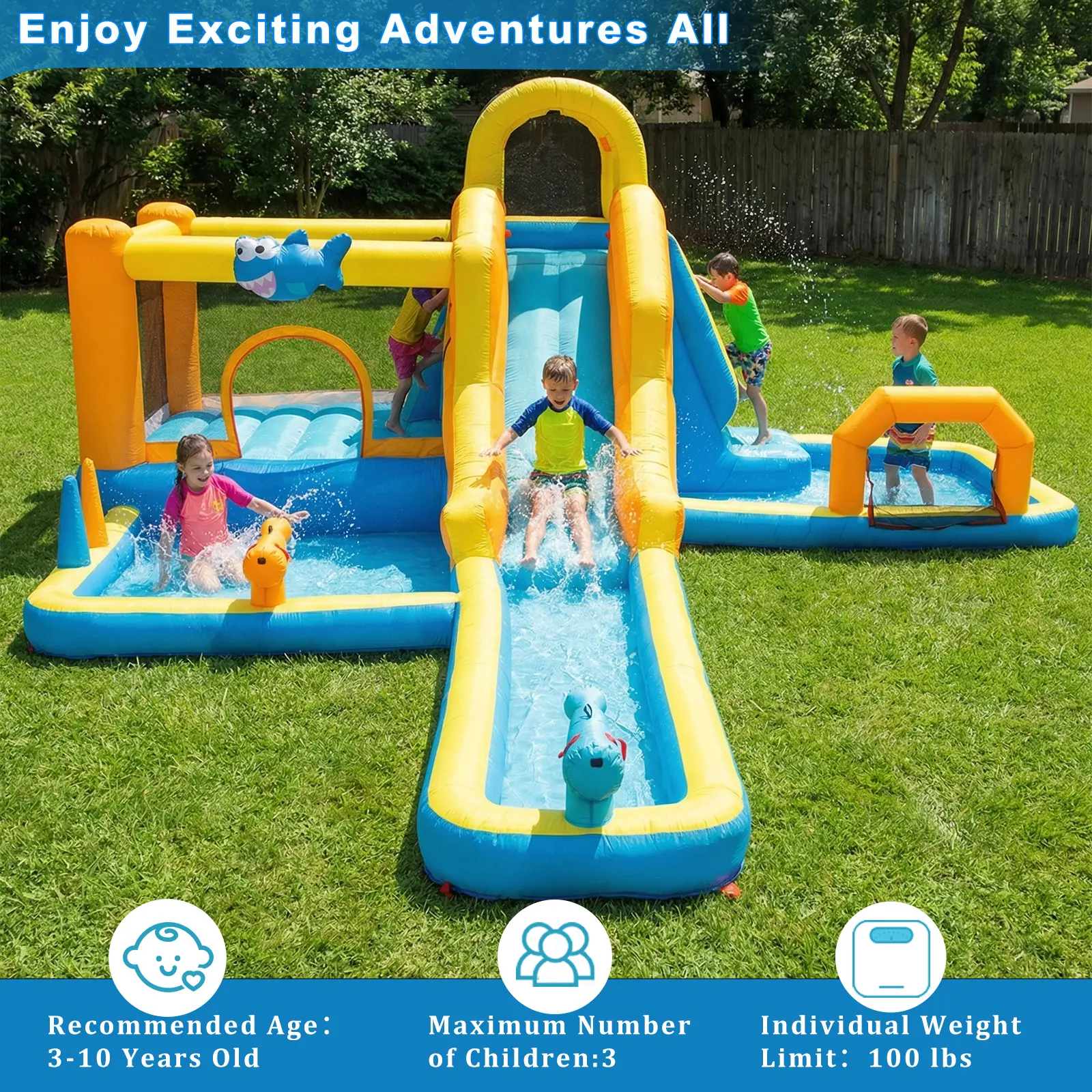 🔥Summer Deal🔥 Inflatable Water Slide Park with Splash Pool & Water Cannons