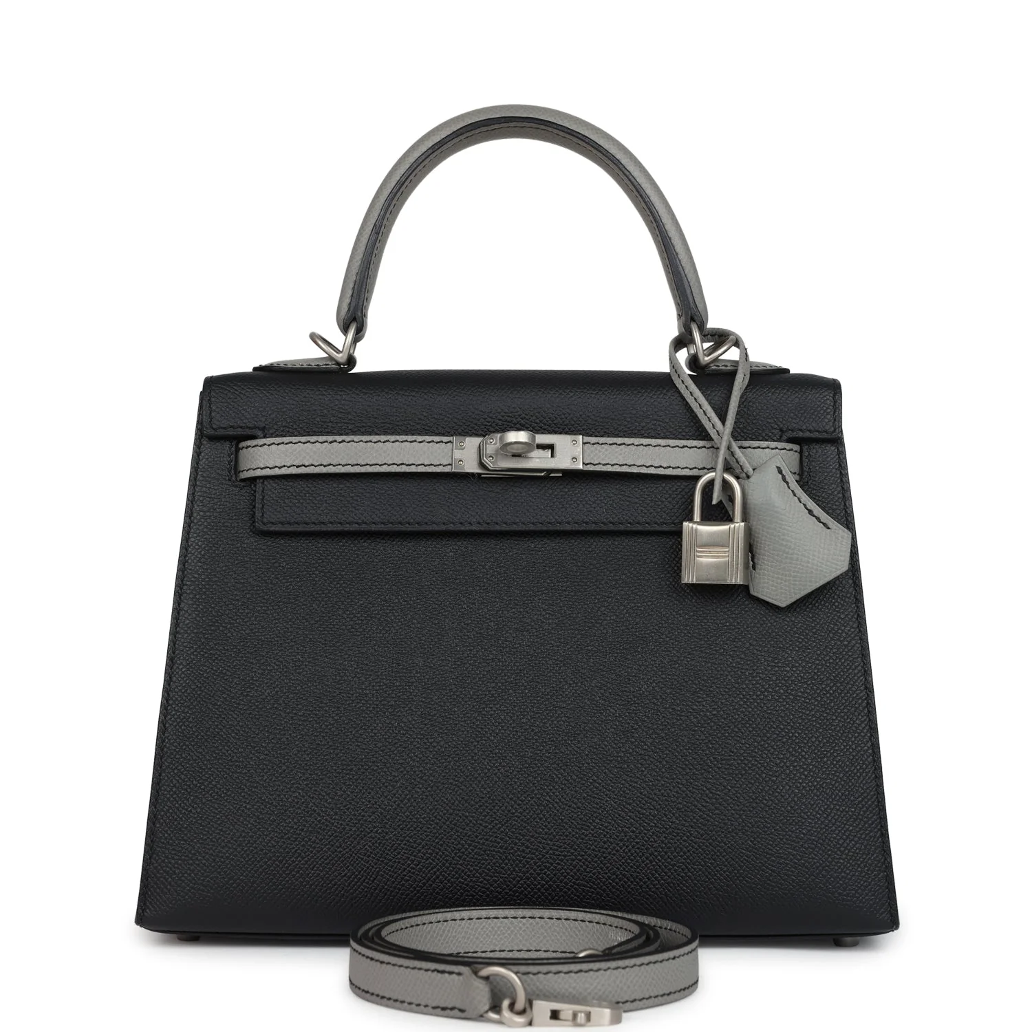 Hermes Special Order (HSS) Kelly Sellier 25 Black and Gris Mouette Epsom Brushed Gold Hardware