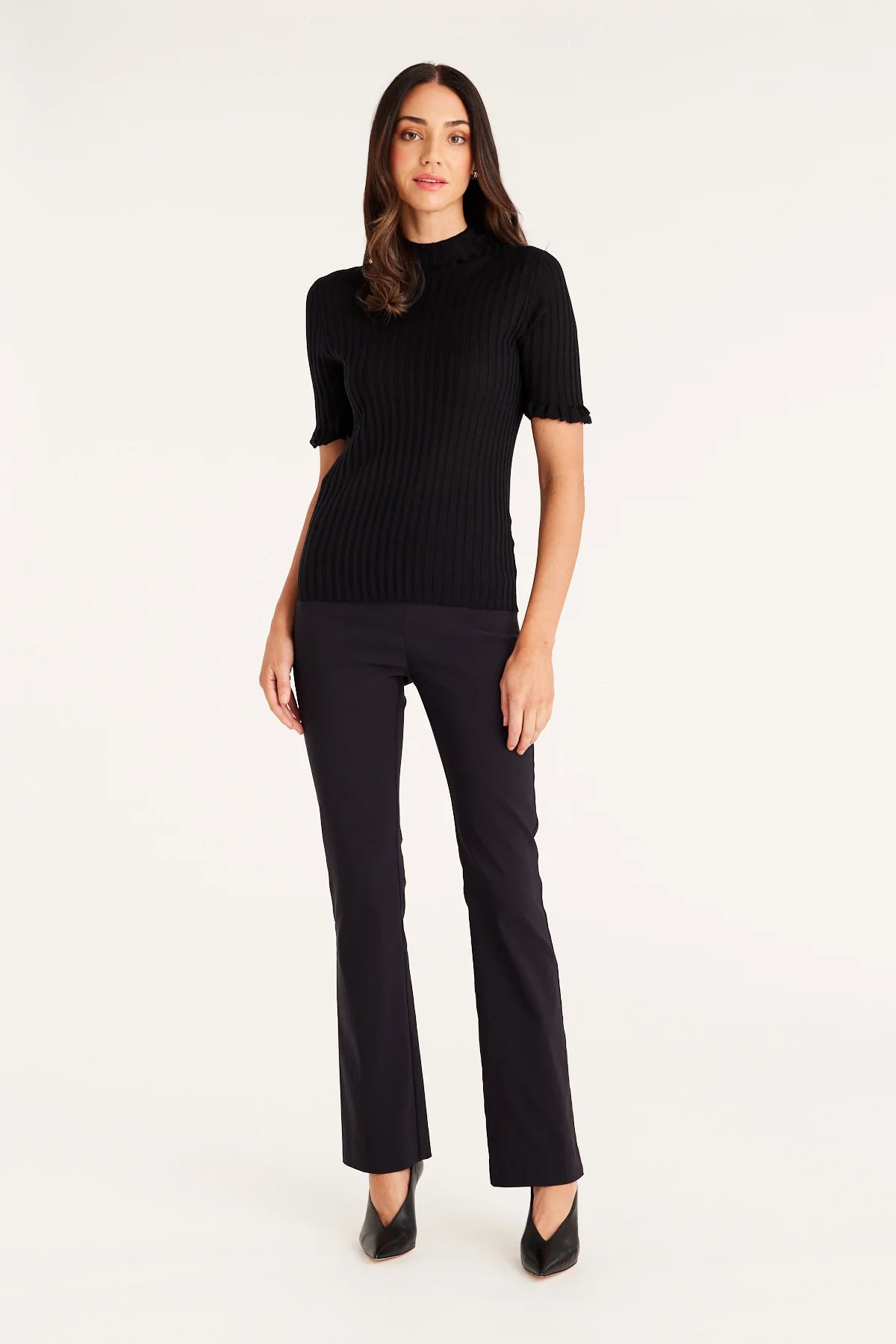 Ribbed Mock Neck Blouse with Flared Cuffs