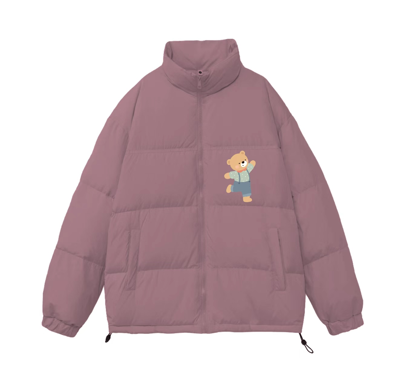 This down jacket with an adorable bear print is a must-have item in your summer wardrobe. Its stand-up collar design also makes it perfect for winter wear.