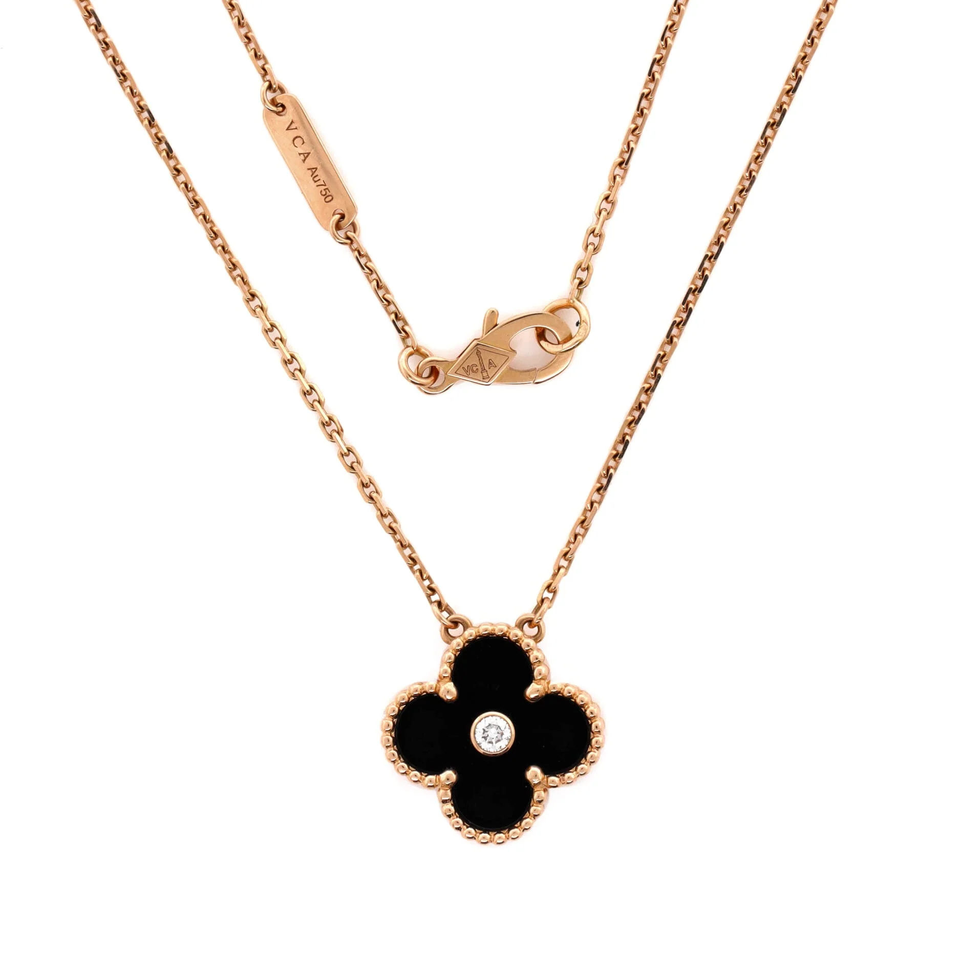 Vintage Alhambra Pendant Necklace 18K Rose Gold and Onyx with Diamond